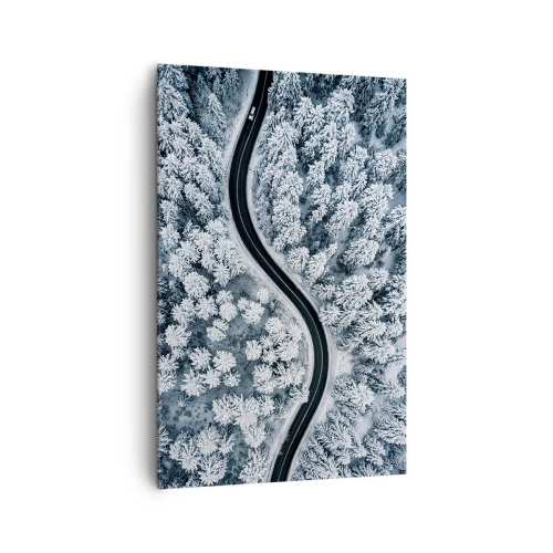 Impression sur toile - Image sur toile - Vue aérienne d'une route sinueuse dans une forêt hivernale - 80x120cm - À travers une forêt d'hiver - Décoration murale moderne pour le salon et la chambre ARTTOR