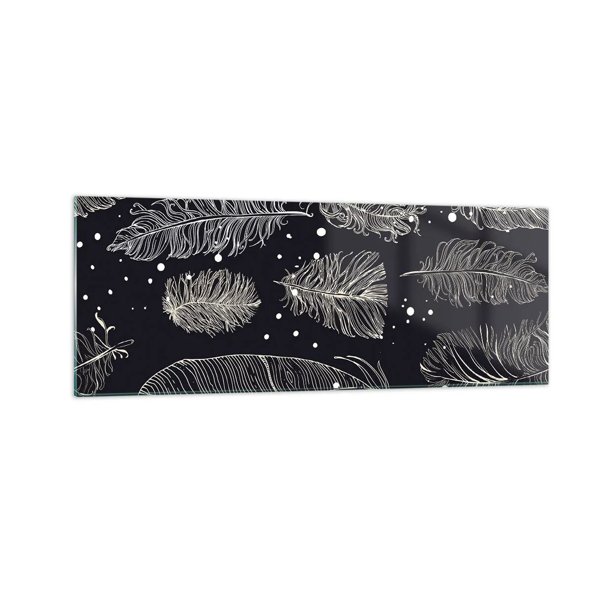 Impression sur verre - Image sur verre - Plumes blanches délicates sur fond bleu marine - 140x50cm - Toile de plumes - Décoration murale moderne pour le salon et la chambre ARTTOR