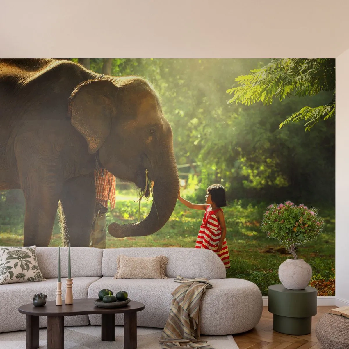 Papier Peint Autocollant Deluxe Sticker - La force de l'amitié - Animaux, Éléphant, Fille - 250x175 cm