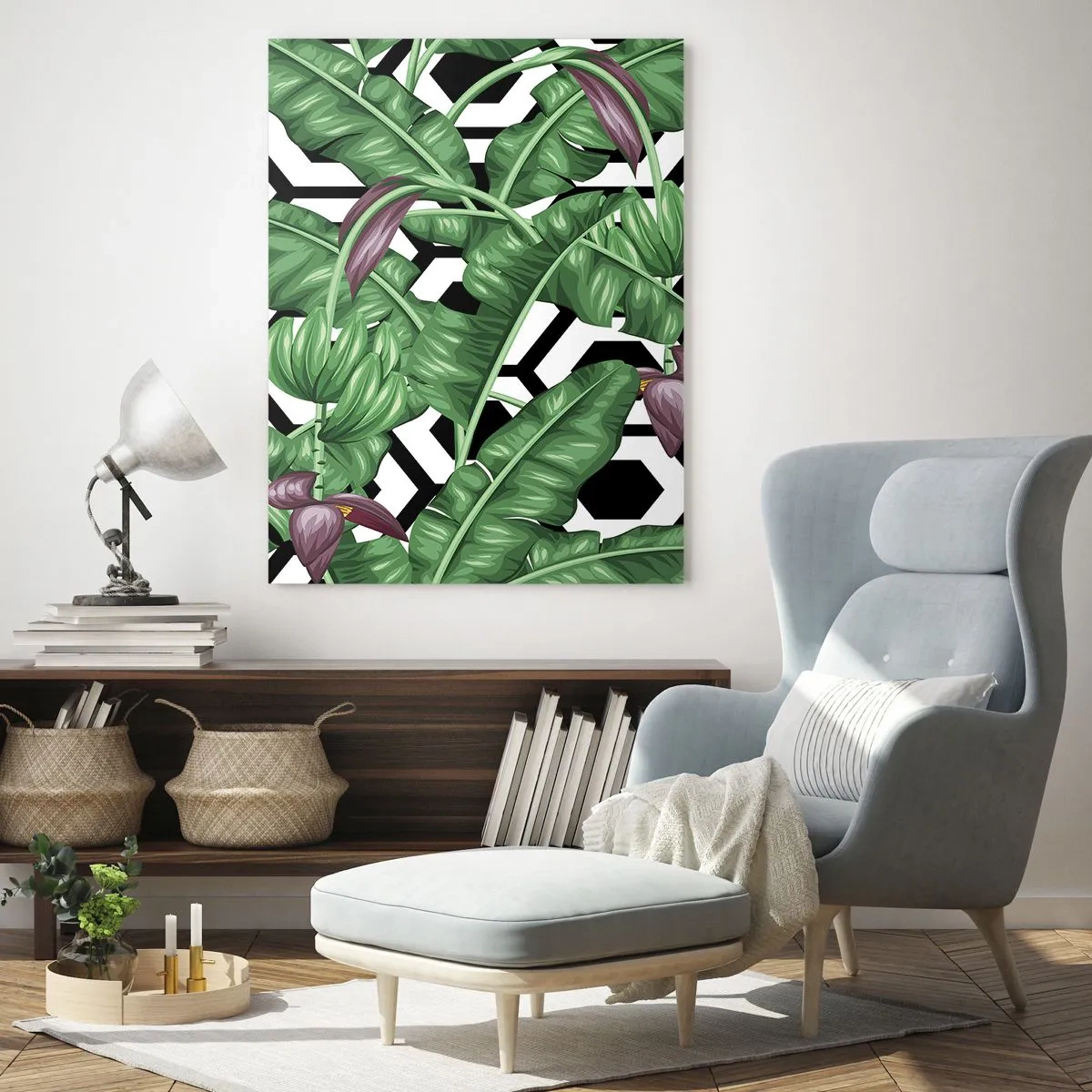 Impression sur verre - Image sur verre - Feuilles et fleurs tropicales sur un fond à motifs géométriques noir et blanc - 50x70cm - Une composition symétrique par nature - Décoration murale moderne pour le salon et la chambre ARTTOR