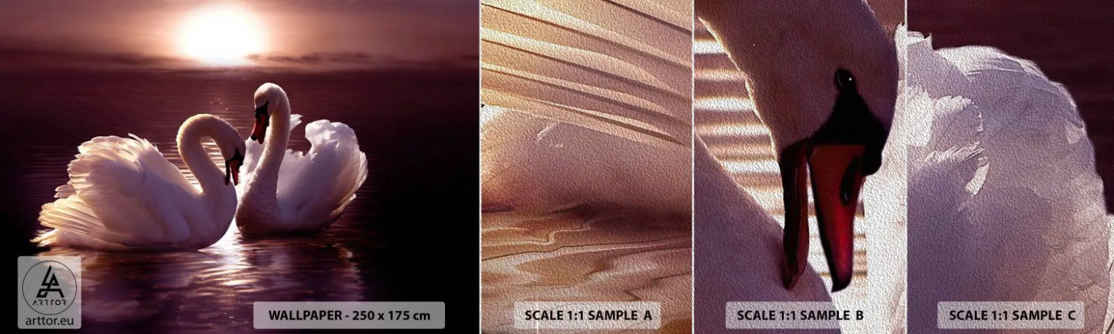 Échantillon de Papier Peint Premium Sand - Jusqu'à ce que la mort nous sépare - Animaux, Paysage, Cygnes - 100x30 cm