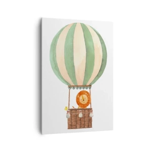Impression sur toile - Image sur toile - Un ballon avec un lion souriant dans un panier aux couleurs pastel - 70x100cm - Les voyages de Léon - Décoration murale moderne pour le salon et la chambre ARTTOR