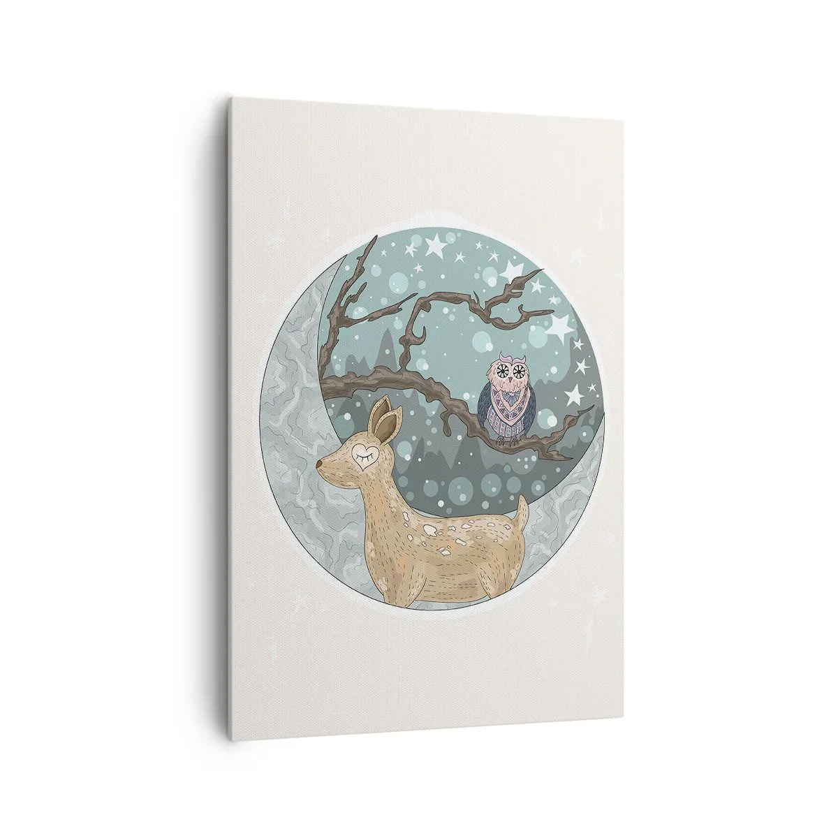 Impression sur toile - Image sur toile - Un cerf et un hibou dans un paysage nocturne de conte de fées - 70x100cm - Une nuit de conte de fées en forêt - Décoration murale moderne pour le salon et la chambre ARTTOR