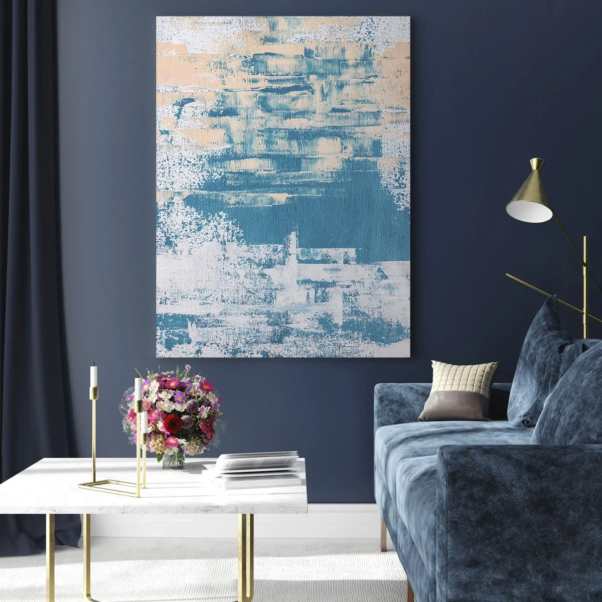 Impression sur verre - Image sur verre - Abstraction en bleu et beige avec texture de pinceau - 50x70cm - À travers un iceberg - Décoration murale moderne pour le salon et la chambre ARTTOR