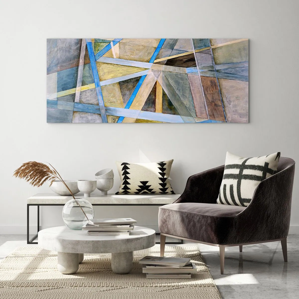 Impression sur verre - Image sur verre - Composition géométrique avec des lignes claires et bleues - 140x50cm - Tout droit ou en diagonale ? - Décoration murale moderne pour le salon et la chambre ARTTOR