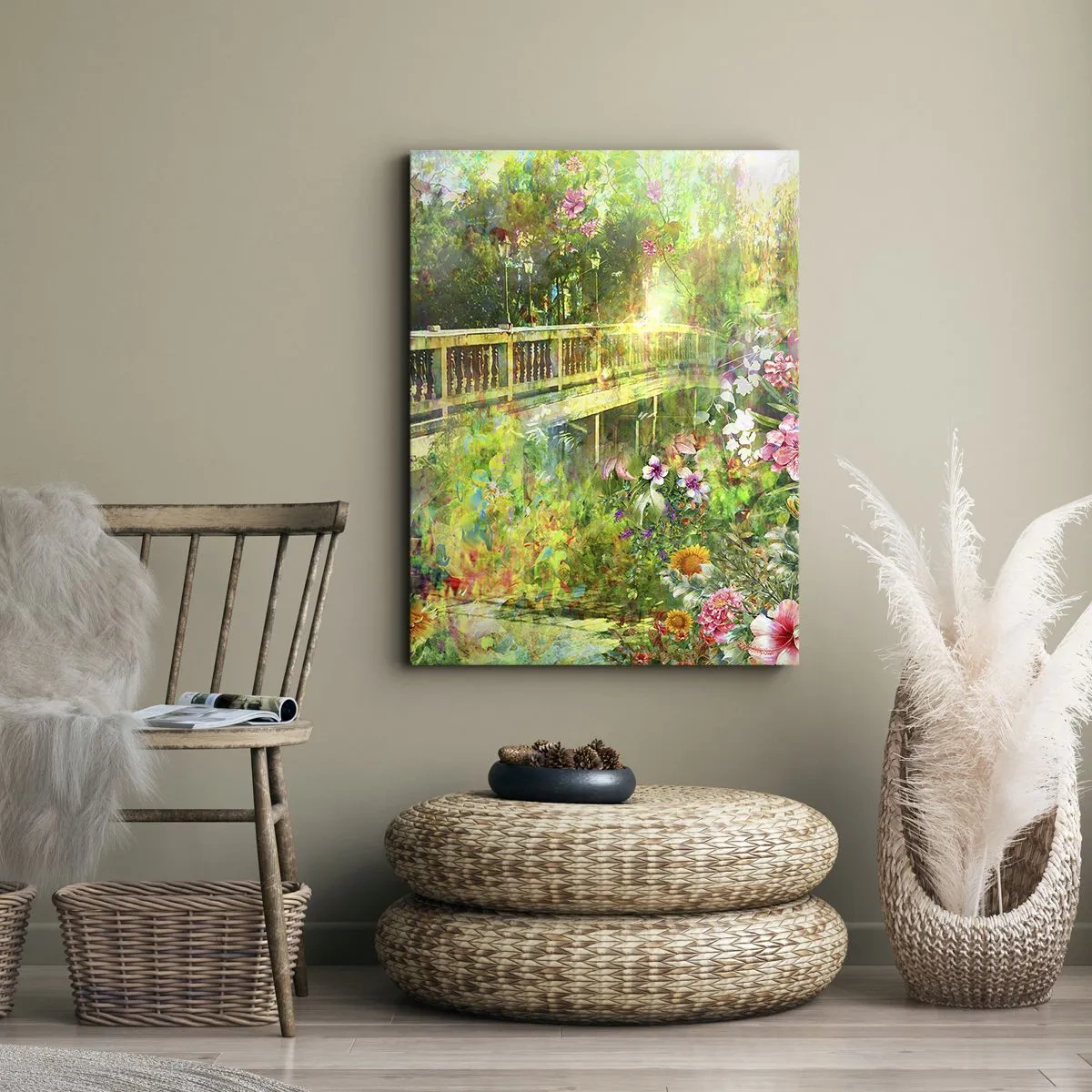 Impression sur toile - Image sur toile - Un pont entouré d'une végétation luxuriante et de fleurs - 70x100cm - Le soupire d'un pont de printemps - Décoration murale moderne pour le salon et la chambre ARTTOR