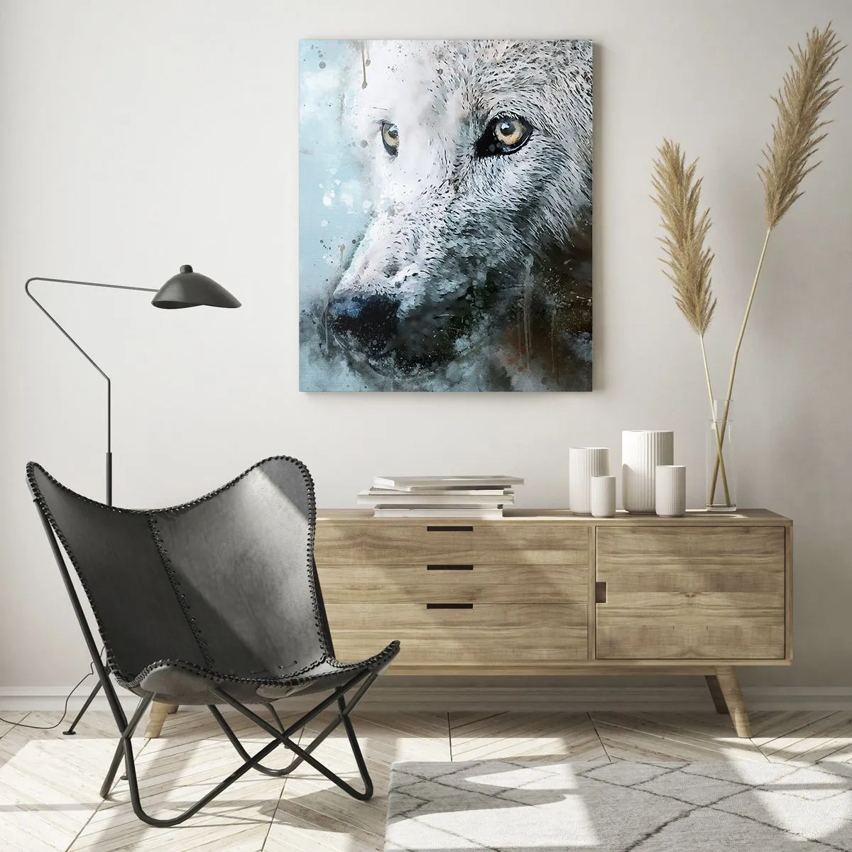 Impression sur verre - Image sur verre - Portrait de loup aux accents artistiques et flous dans des tons de bleu - 50x70cm - Rencontrez l'âme du loup - Décoration murale moderne pour le salon et la chambre ARTTOR