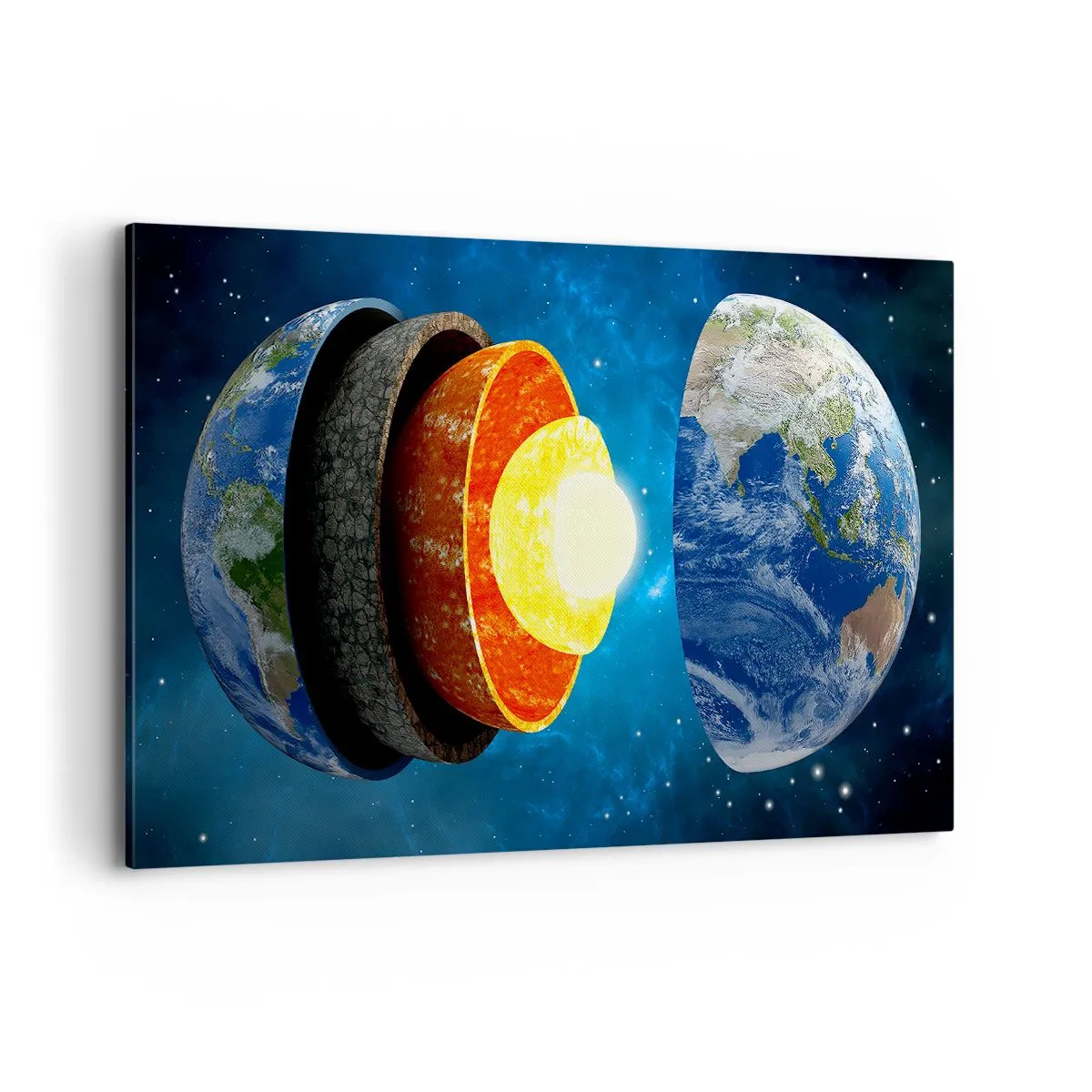 Impression sur toile - Image sur toile - Une coupe transversale de la Terre montrant ses couches dans l'espace. - 120x80cm - Voyage au centre de la terre - Décoration murale moderne pour le salon et la chambre ARTTOR