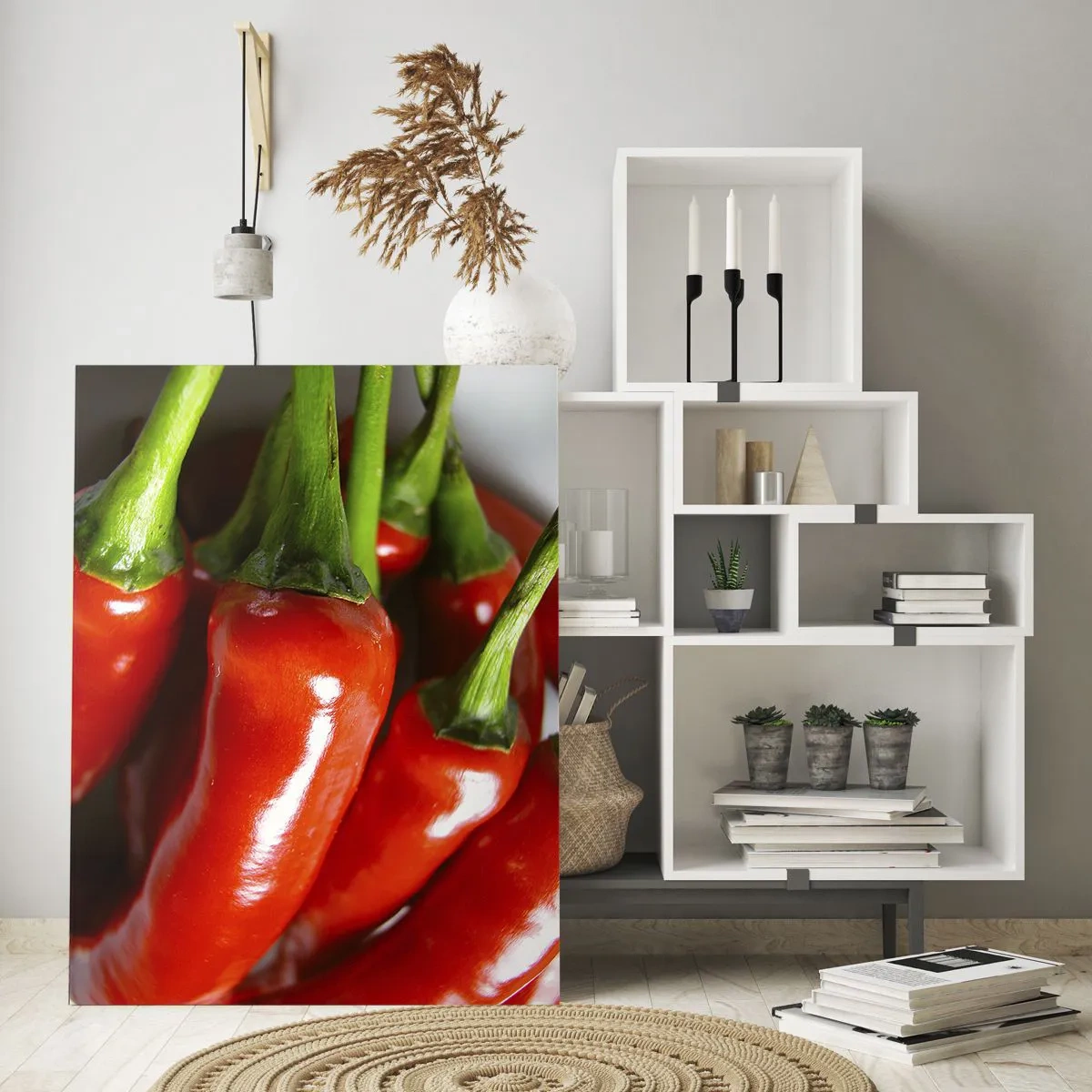 Impression sur verre - Image sur verre - Gros plan de piments rouges avec des tiges vertes - 80x120cm - Juteux, brillant, lisse - Décoration murale moderne pour le salon et la chambre ARTTOR