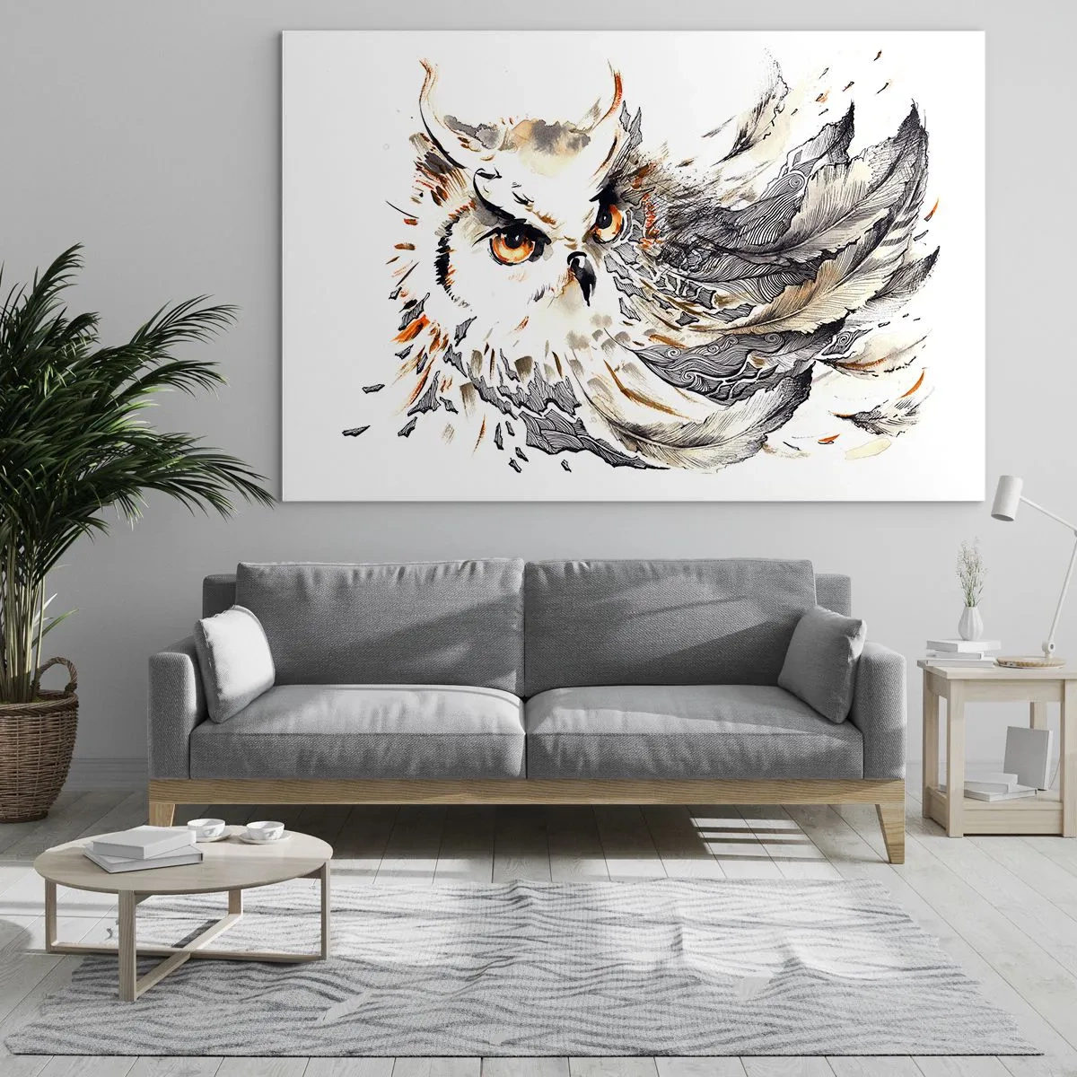 Impression sur verre - Image sur verre - Un hibou aux plumes artistiques dans les tons orange et gris. - 70x50cm - Elle vient du monde de la magie - Décoration murale moderne pour le salon et la chambre ARTTOR