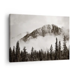 Impression sur toile - Image sur toile - Un sommet de montagne pittoresque entouré de brouillard et d'une forêt aux tons sépia - 70x50cm - Seigneur de granite - Décoration murale moderne pour le salon et la chambre ARTTOR