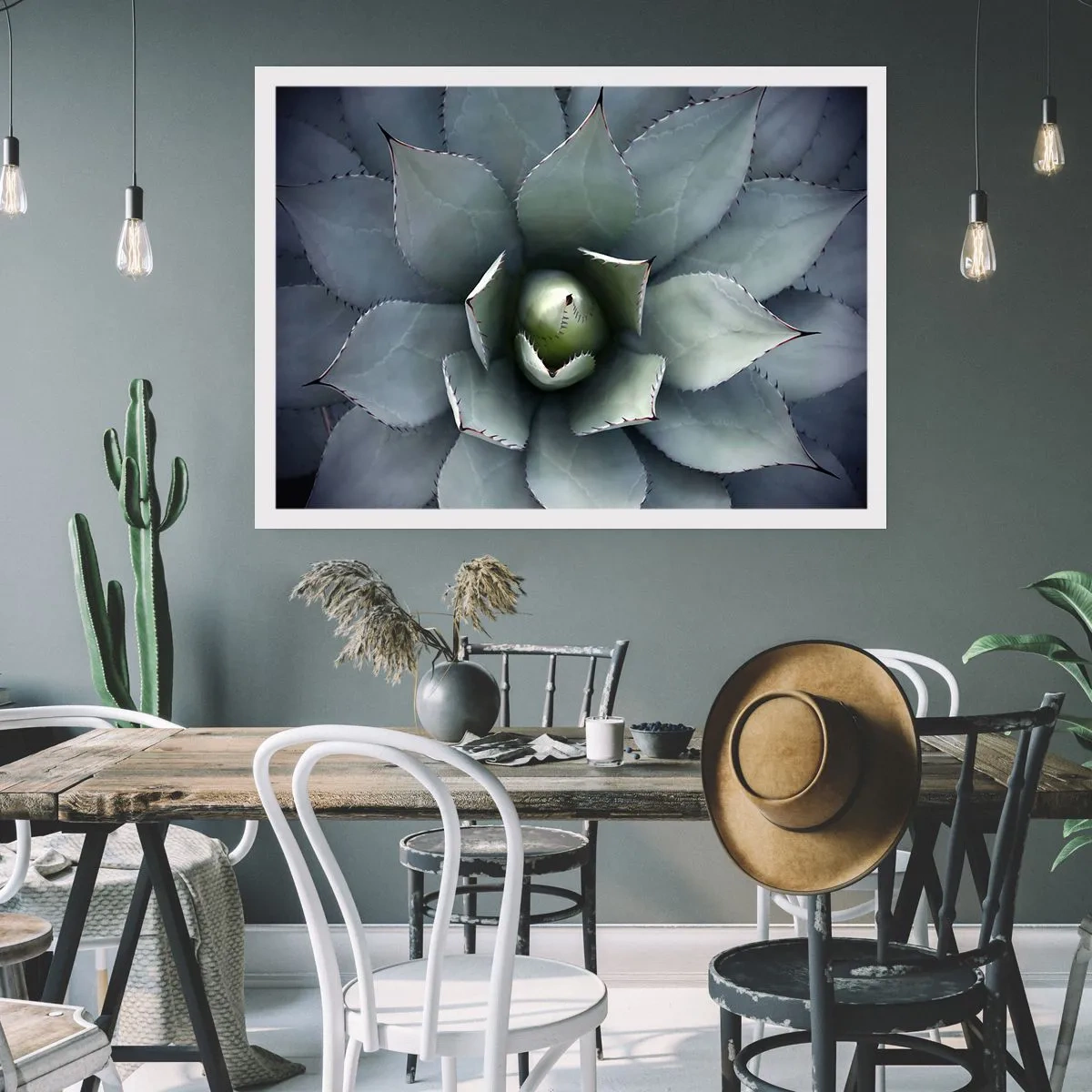 Affiche - Poster - Gros plan d'une rosette d'agave aux délicates nuances de vert - 100x70cm - Wabi et observe - Décoration murale moderne pour le salon et la chambre ARTTOR