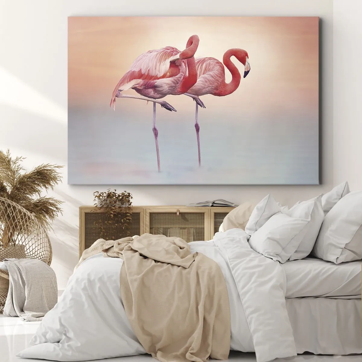 Impression sur toile - Image sur toile - Flamants roses aux couleurs pastel délicates sur fond d'eau - 100x70cm - Dans les couleurs du soleil couchant - Décoration murale moderne pour le salon et la chambre ARTTOR