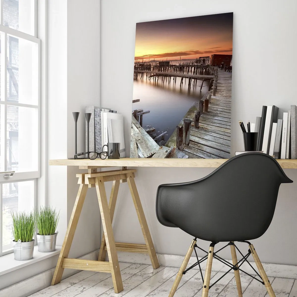 Impression sur verre - Image sur verre - Jetée en bois au coucher du soleil sur un lac calme - 50x70cm - Authentique, pas un attrape touristique - Décoration murale moderne pour le salon et la chambre ARTTOR