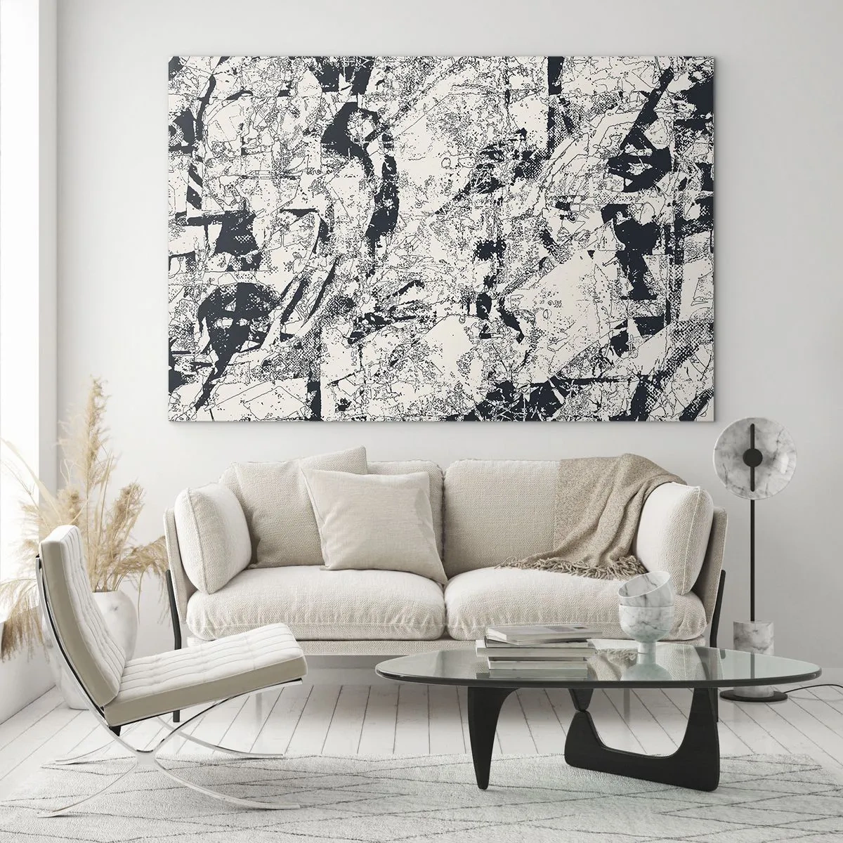 Impression sur verre - Image sur verre - Abstraction en noir et blanc avec des lignes et des textures dynamiques - 70x50cm - Interpénétration des contraires - Décoration murale moderne pour le salon et la chambre ARTTOR