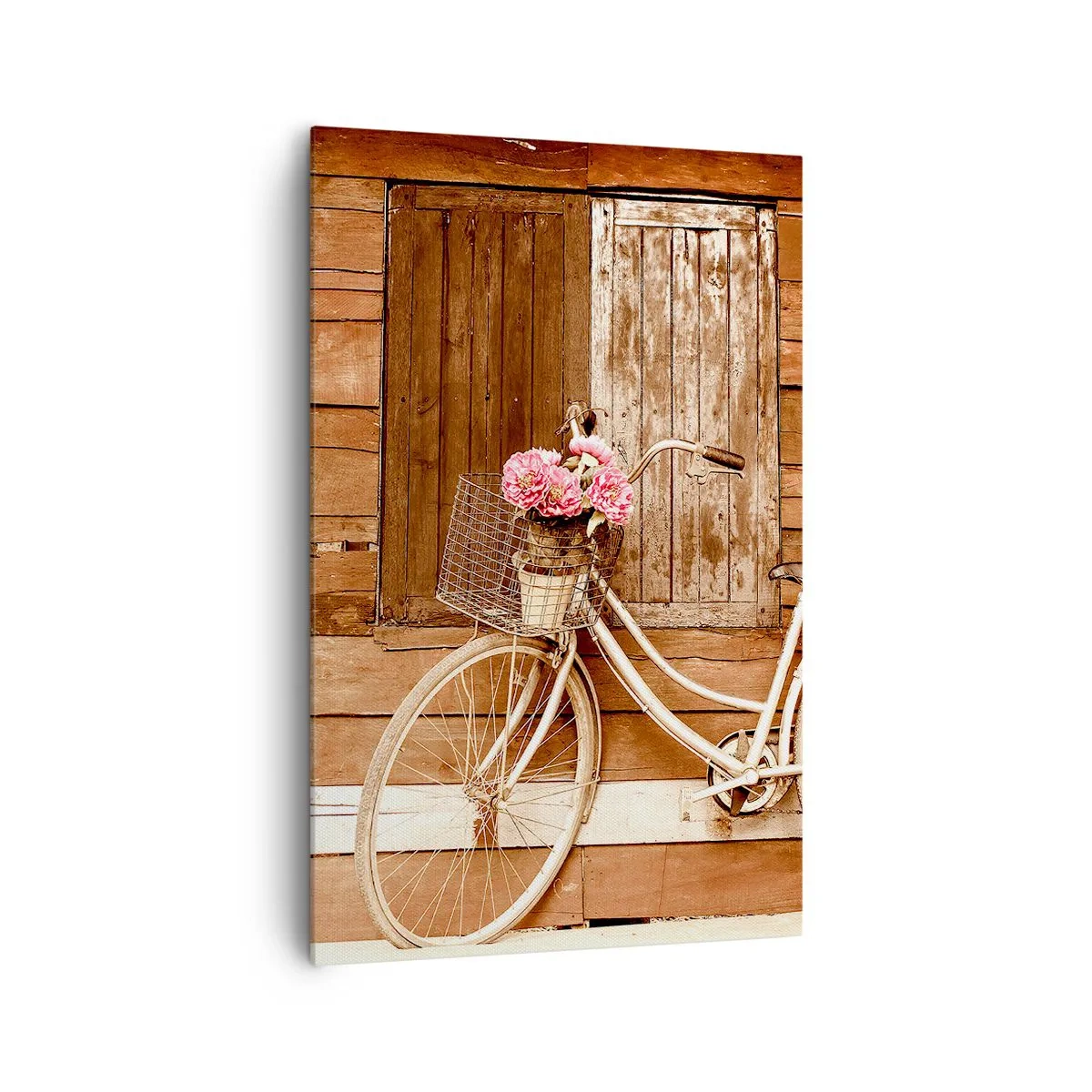 Impression sur toile - Image sur toile - Un vélo avec un panier rempli de roses contre un mur en bois - 80x120cm - Je reviens tout de suite - Décoration murale moderne pour le salon et la chambre ARTTOR