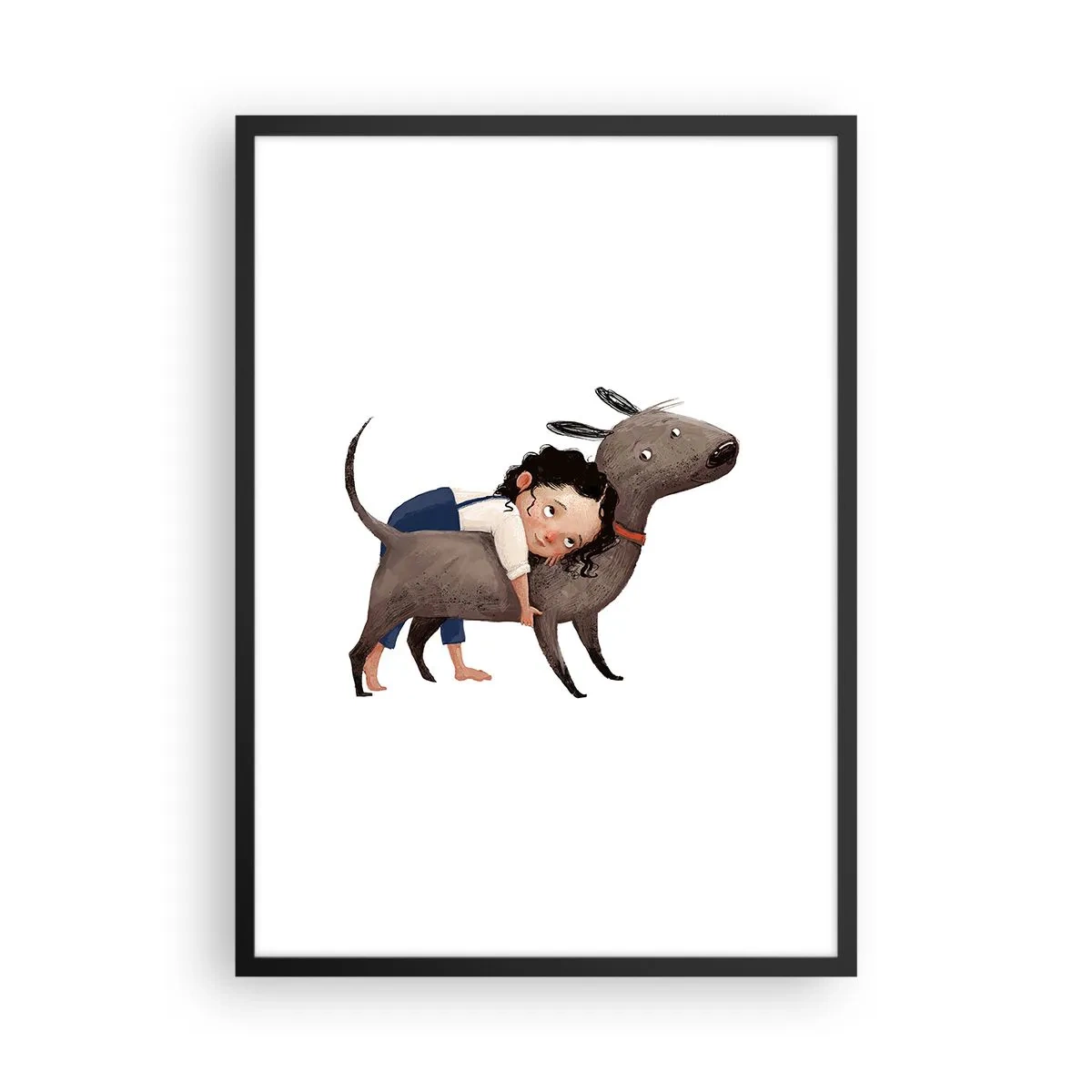 Affiche dans un cadre noir - Poster - Illustration d'un enfant serrant un chien dans ses bras sur un fond blanc - 50x70cm - Les meilleurs amis - Décoration murale moderne pour le salon et la chambre ARTTOR