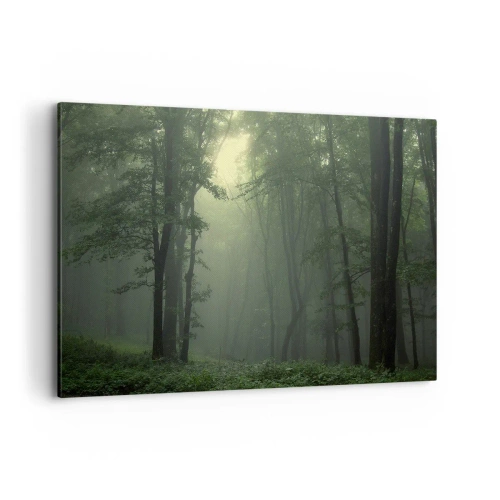 Impression sur toile - Image sur toile - Une forêt verte le matin enveloppée d'un brouillard délicat - 100x70cm - Avant qu'il ne se réveille - Décoration murale moderne pour le salon et la chambre ARTTOR