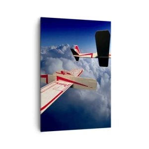 Impression sur toile - Image sur toile - Deux avions en bois planant au-dessus des nuages contre un ciel bleu. - 70x100cm - Encore plus haut, encore plus loin - Décoration murale moderne pour le salon et la chambre ARTTOR