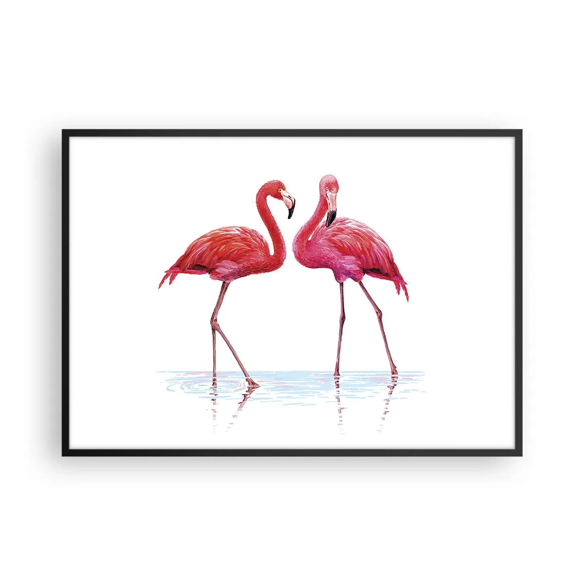 Affiche dans un cadre noir - Poster - Une paire de flamants roses dans l'eau sur un fond clair - 100x70cm - Rendez-vous rose - Décoration murale moderne pour le salon et la chambre ARTTOR