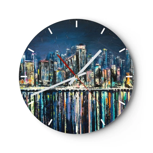 Horloge murale - Pendule murale - Panorama nocturne de la ville avec reflets lumineux sur l'eau - 30x30cm - Cascade de lumières - Décoration murale moderne pour le salon, la cuisine et la chambre ARTTOR