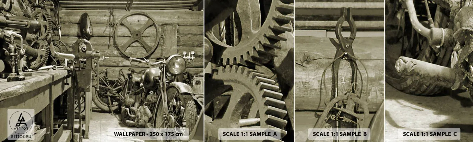 Échantillon de Papier Peint Autocollant Deluxe Sticker - Dans le hangar de l'oncle Władek - Moto, Atelier de réparation automobile, Ancien - 100x30 cm