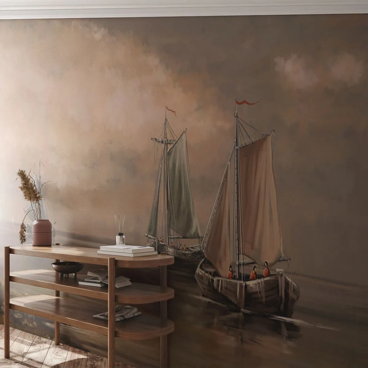 Papier Peint Photo Premium Sand - Le retour des marins - Paysage, Bateau de pêche, Nature - 250x175 cm