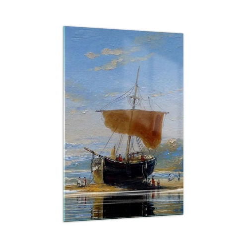 Impression sur verre - Image sur verre - Un bateau au bord de la mer par une journée ensoleillée - 70x100cm - Eau, terre, air - Décoration murale moderne pour le salon et la chambre ARTTOR
