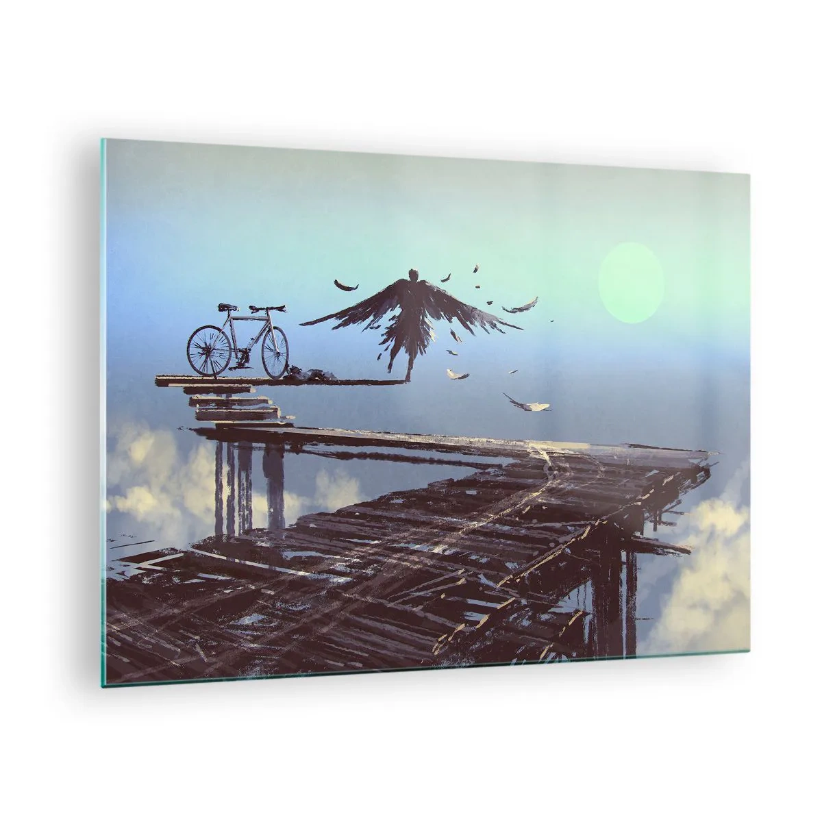 Impression sur verre - Image sur verre - Une silhouette avec un vélo sur un pont en bois au-dessus des nuages - 70x50cm - Icare est toujours vivant - Décoration murale moderne pour le salon et la chambre ARTTOR