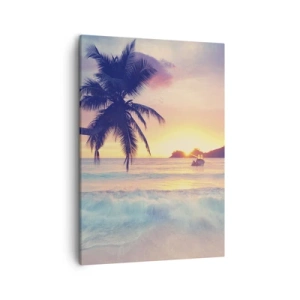 Impression sur toile - Image sur toile - Plage avec un palmier et un coucher de soleil sur l'océan - 50x70cm - Une soirée à la baie - Décoration murale moderne pour le salon et la chambre ARTTOR