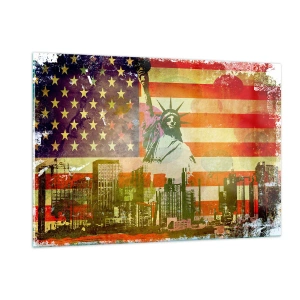 Impression sur verre - Image sur verre - Drapeau américain avec la silhouette de la Statue de la Liberté et le paysage urbain - 120x80cm - Vive l'Amérique! - Décoration murale moderne pour le salon et la chambre ARTTOR