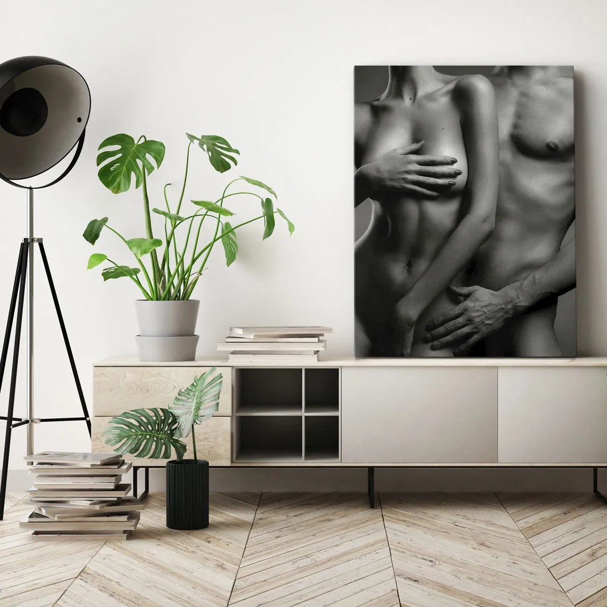 Impression sur toile - Image sur toile - Représentation en noir et blanc de corps féminins et masculins dans une pose artistique - 80x120cm - Adam et Eve - Décoration murale moderne pour le salon et la chambre ARTTOR