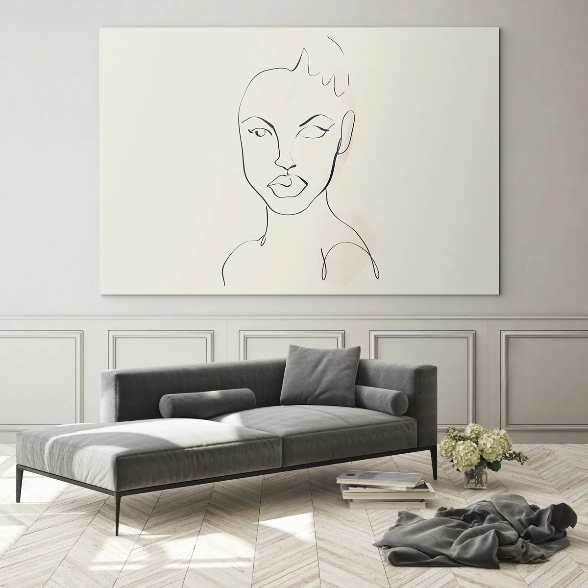 Impression sur verre - Image sur verre - Le contour du visage est dans des tons de noir avec de subtils accents roses. - 70x50cm - Esquisse de la sensualité - Décoration murale moderne pour le salon et la chambre ARTTOR