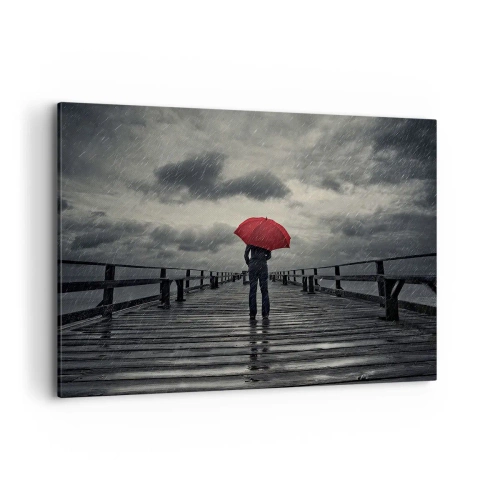 Impression sur toile - Image sur toile - Une personne avec un parapluie rouge sur une jetée pluvieuse - 120x80cm - Peu importe qu'il pleuve - Décoration murale moderne pour le salon et la chambre ARTTOR