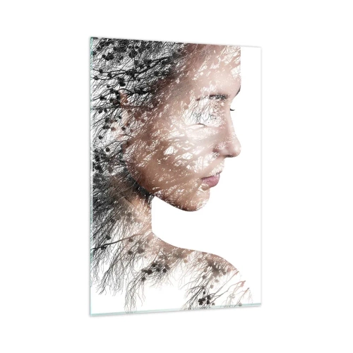 Impression sur verre - Image sur verre - Silhouette d'une femme avec un motif de branche et d'oiseau en arrière-plan - 80x120cm - L'âme de la forêt - Décoration murale moderne pour le salon et la chambre ARTTOR