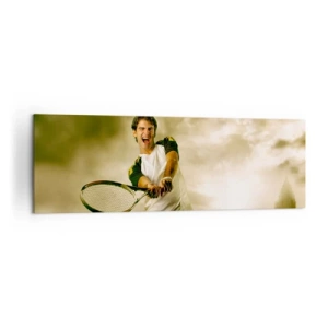 Impression sur toile - Image sur toile - Joueur de tennis en action lors d'un match avec en toile de fond un paysage urbain - 160x50cm - Énergie et joie - Décoration murale moderne pour le salon et la chambre ARTTOR