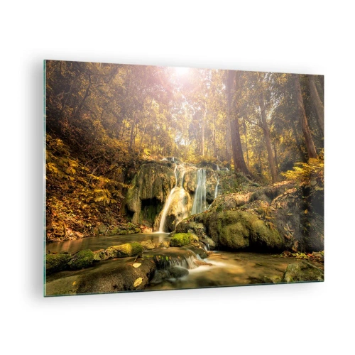 Impression sur verre - Image sur verre - Cascade forestière dans la verdure - 70x50cm - Cascade de forêt en vert - Décoration murale moderne pour le salon et la chambre ARTTOR