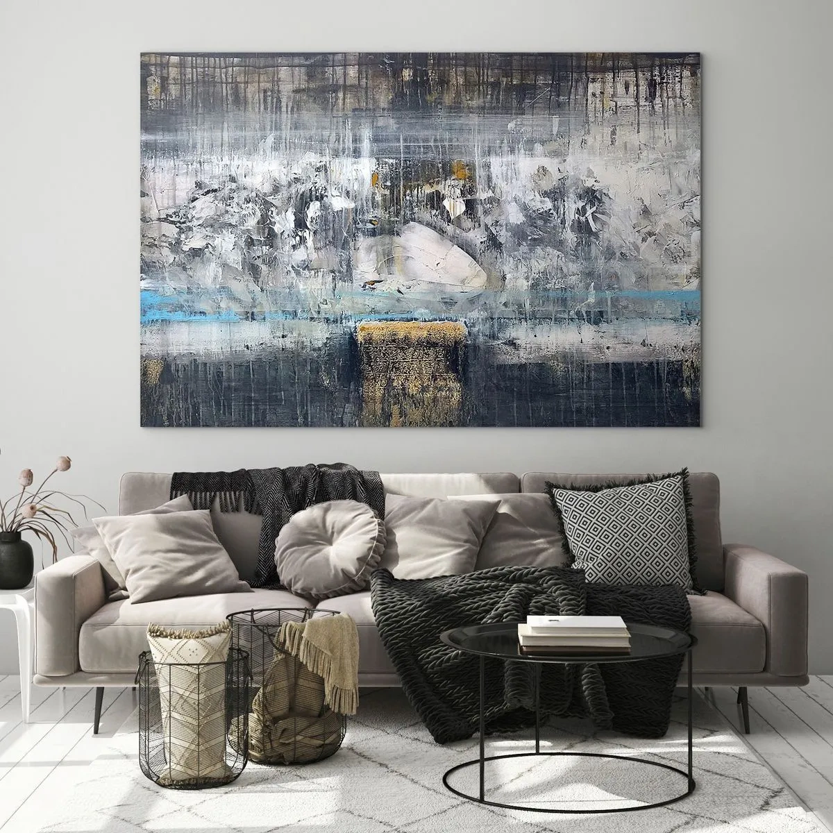 Impression sur verre - Image sur verre - Un paysage abstrait dominé par le gris et le bleu. - 120x80cm - Comme sur la glace, comme après décembre - Décoration murale moderne pour le salon et la chambre ARTTOR