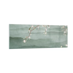 Impression sur verre - Image sur verre - Une image pittoresque d'une branche d'arbre en fleurs avec des oiseaux sur fond de collines verdoyantes. - 140x50cm - Printemps oh c'est toi - Décoration murale moderne pour le salon et la chambre ARTTOR