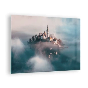Impression sur verre - Image sur verre - Une île avec une église entourée de brouillard sur un lac calme - 70x50cm - Île de rêve - Décoration murale moderne pour le salon et la chambre ARTTOR