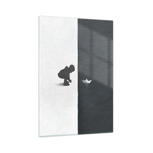 Impression sur verre - Image sur verre - Une figure d'enfant avec un bateau en papier sur un fond de moitiés contrastées - 80x120cm - Grande expédition - Décoration murale moderne pour le salon et la chambre ARTTOR