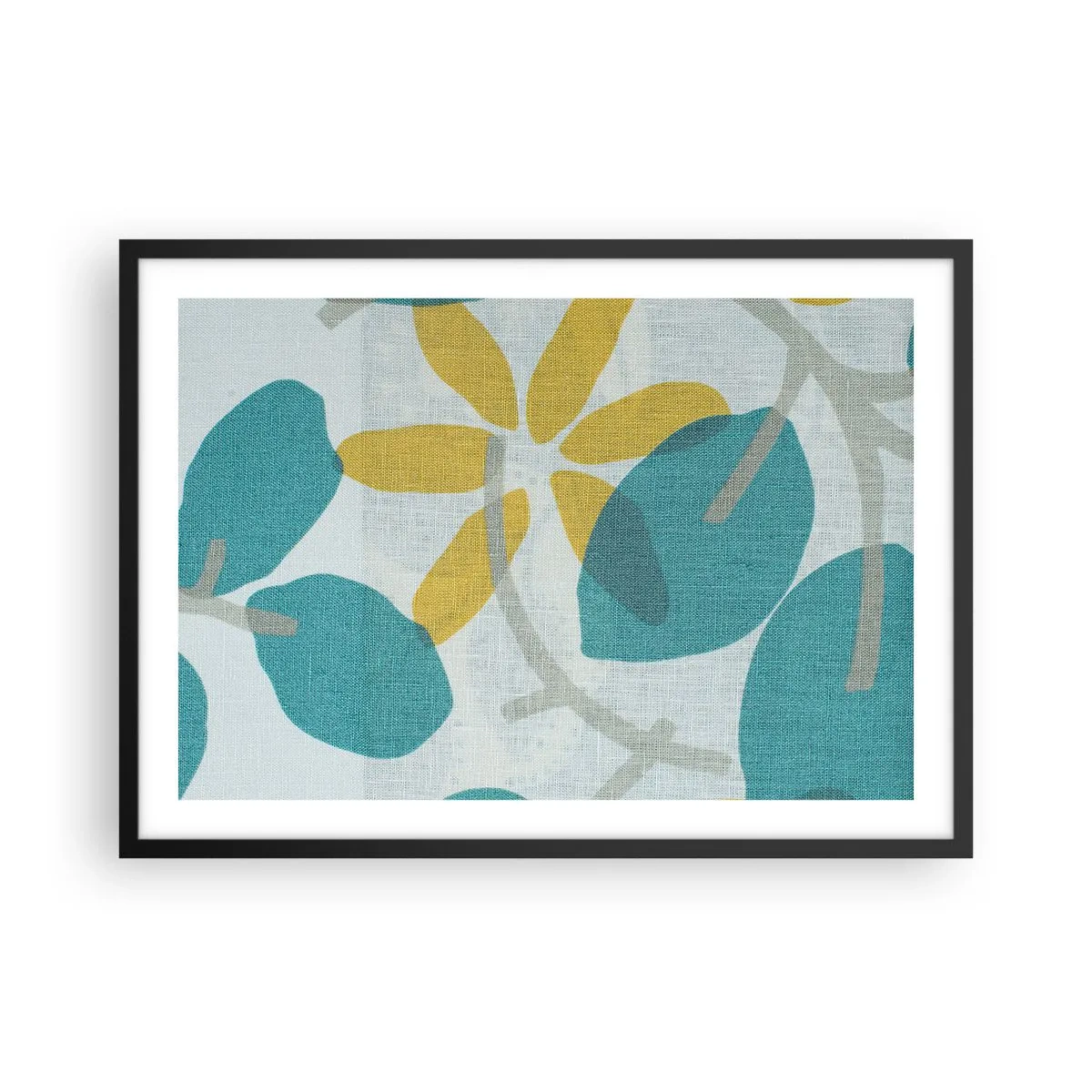 Affiche dans un cadre noir - Poster - Feuilles aux tons turquoise et jaune sur fond clair - 70x50cm - Wśród lazurowych liści - Décoration murale moderne pour le salon et la chambre ARTTOR