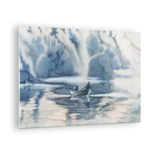 Impression sur verre - Image sur verre - Deux pêcheurs sur un bateau entourés d'un paysage brumeux - 70x50cm - Les pêcheurs dans leur paradis - Décoration murale moderne pour le salon et la chambre ARTTOR