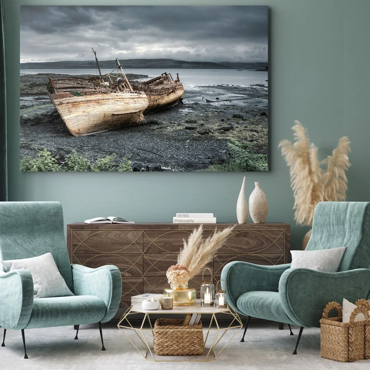 Impression sur toile - Image sur toile - Bateaux abandonnés sur le rivage dans une scène pluvieuse - 70x50cm - "En signe d'épreuves difficile" - Décoration murale moderne pour le salon et la chambre ARTTOR