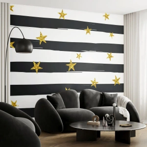 Papier Peint Photo Premium Canvas - Nous sommes tous nés sous une bonne étoile - Graphique, Étoile d'or, Rayures noires et blanches - 500x350 cm