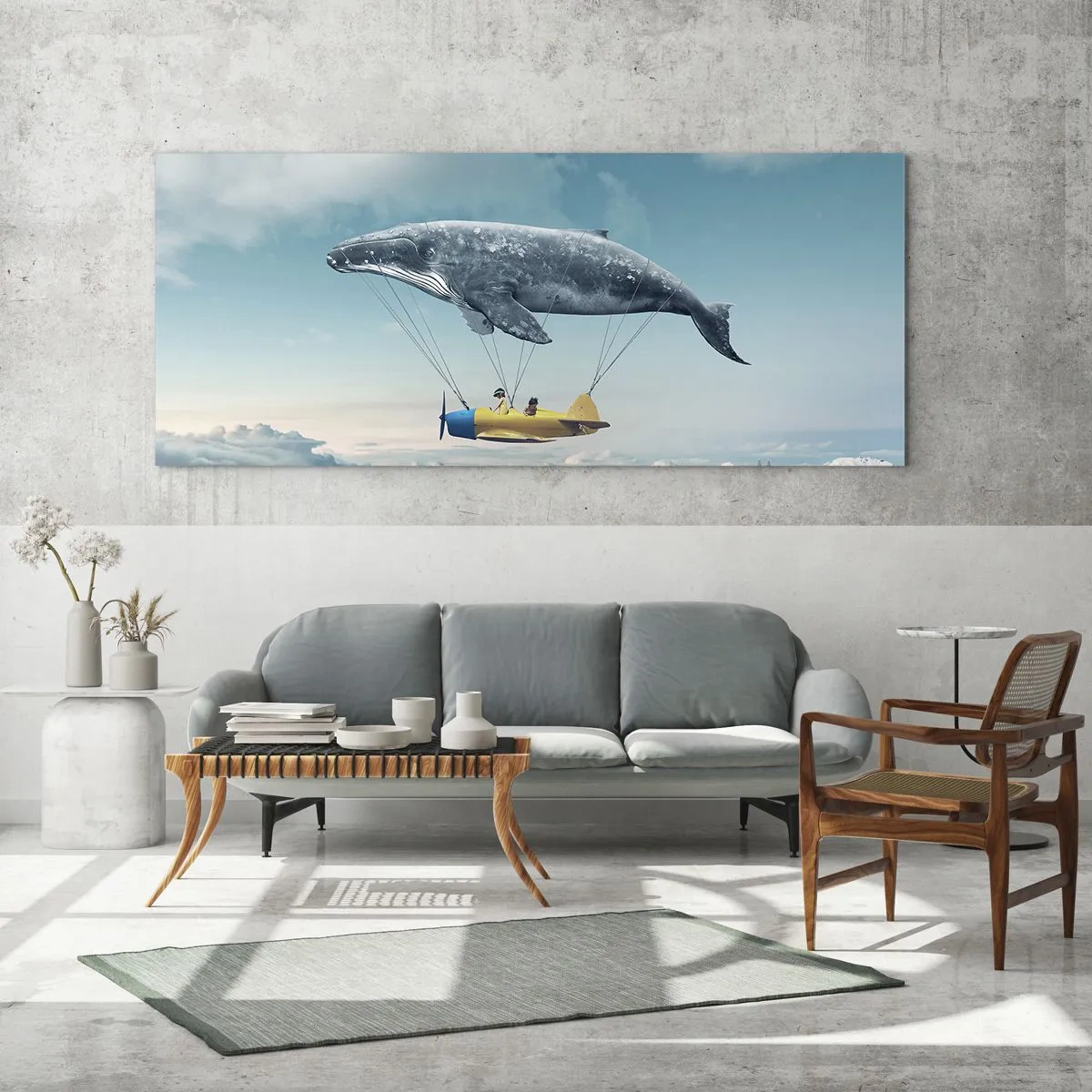 Impression sur verre - Image sur verre - Une baleine volante transporte un avion dans un décor surréaliste. - 160x50cm - Pourquoi pas? - Décoration murale moderne pour le salon et la chambre ARTTOR