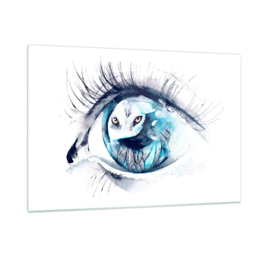 Impression sur verre - Image sur verre - Un œil de femme avec un motif de hibou dans un style aquarelle - 120x80cm - Face à face avec la nature sauvage - Décoration murale moderne pour le salon et la chambre ARTTOR