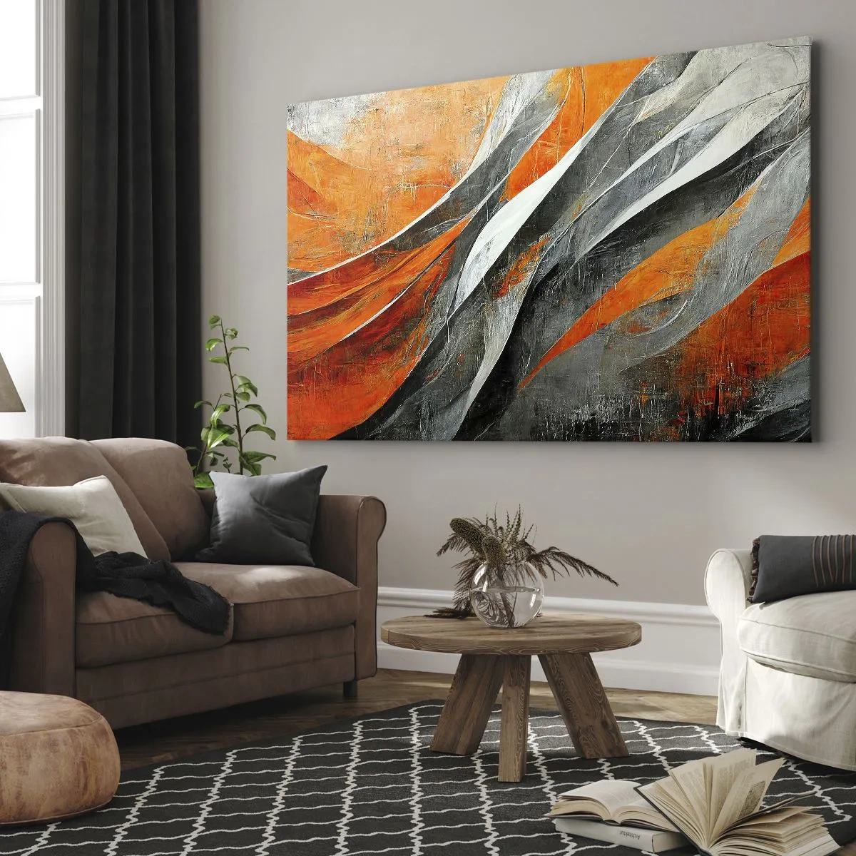 Impression sur toile - Image sur toile - Lignes abstraites dans les tons orange et gris - 120x80cm - Chaleur et froid - Décoration murale moderne pour le salon et la chambre ARTTOR