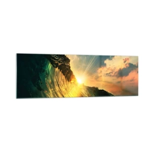 Impression sur verre - Image sur verre - Une vague avec le soleil couchant et les nuages illuminés - 160x50cm - Surfeur, où es-tu ? - Décoration murale moderne pour le salon et la chambre ARTTOR