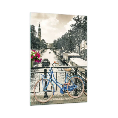 Impression sur verre - Image sur verre - Un pont avec des vélos et des fleurs sur un canal à Amsterdam - 80x120cm - Couleurs de rue d'Amsterdam - Décoration murale moderne pour le salon et la chambre ARTTOR